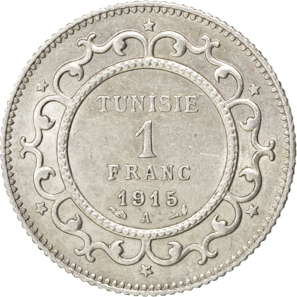 TUNISIA, Franc, 1915, Paris, KM #238, AU(55-58), Silver, 5.00