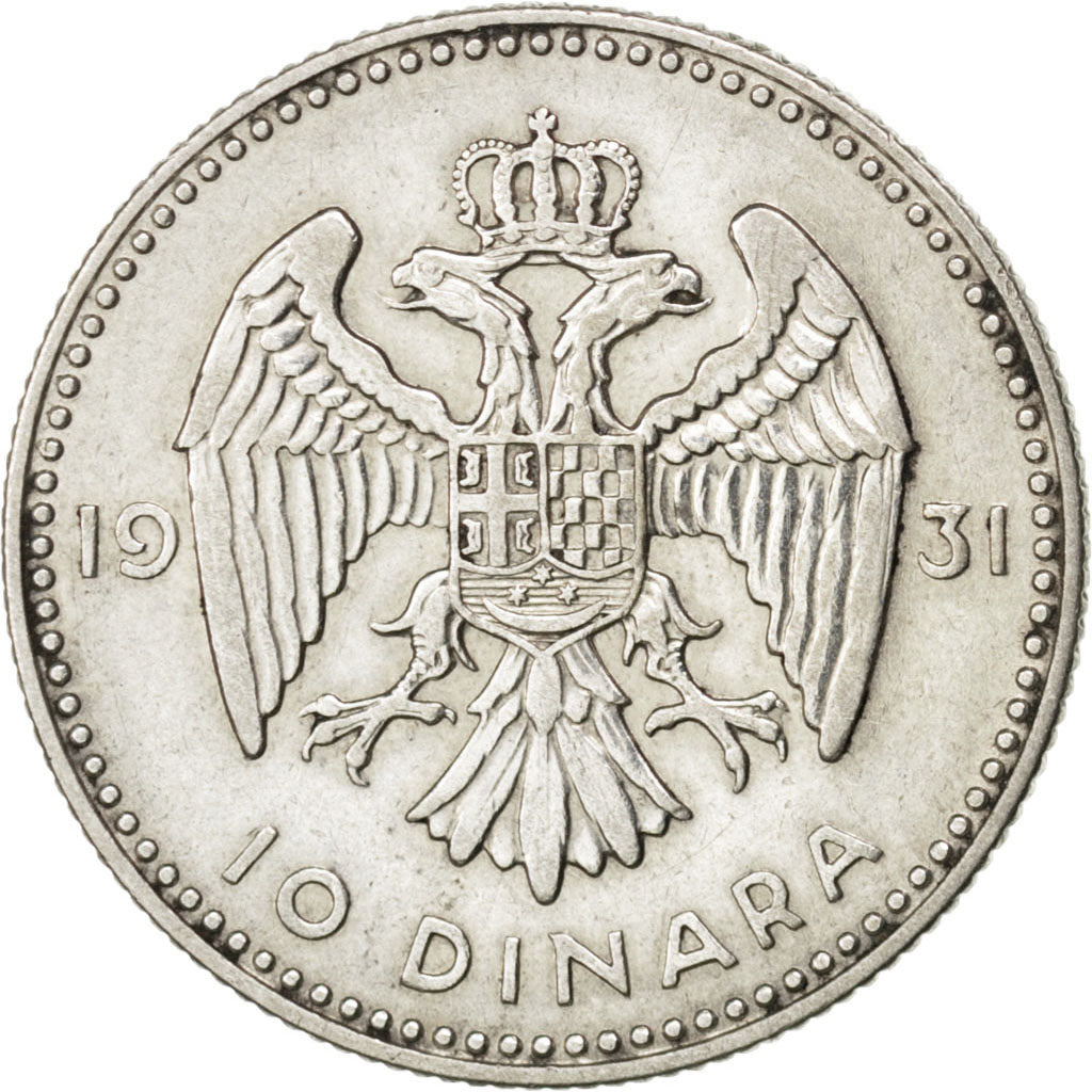 YUGOSLAVIA, 10 Dinara, 1931, London, KM #10, EF(40-45), Silver, 25, 6.95