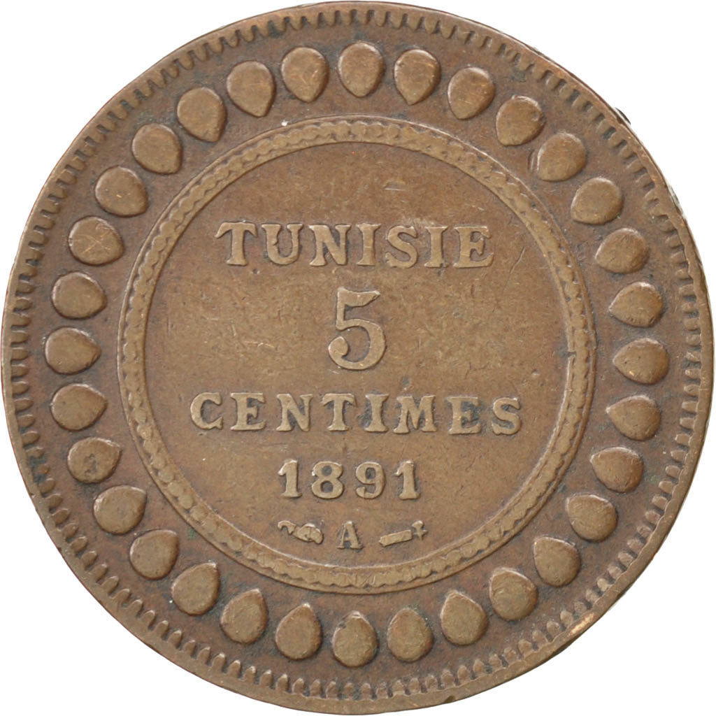Coin, Tunisia, Ali Bey, 5 Centimes, 1891, Paris, EF(40-45), Bronze, KM:221