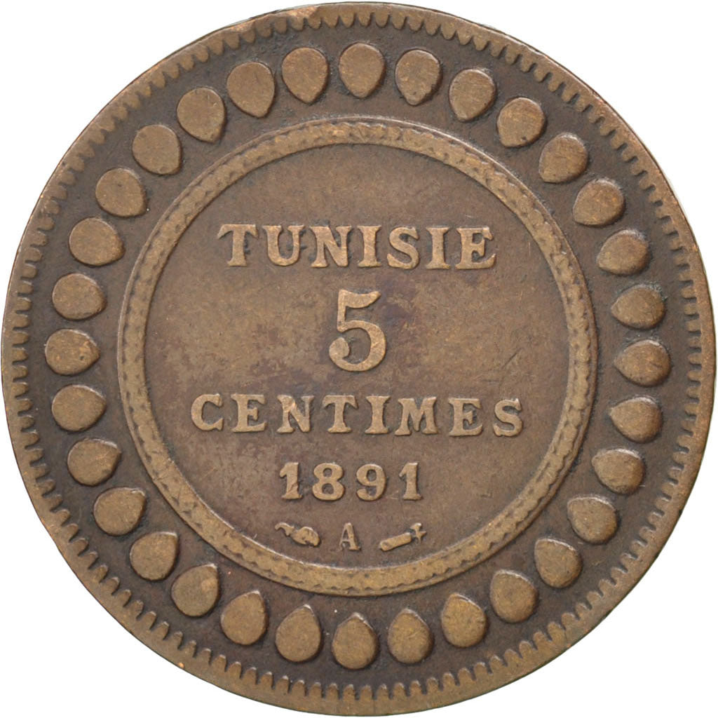 Coin, Tunisia, Ali Bey, 5 Centimes, 1891, Paris, EF(40-45), Bronze, KM:221