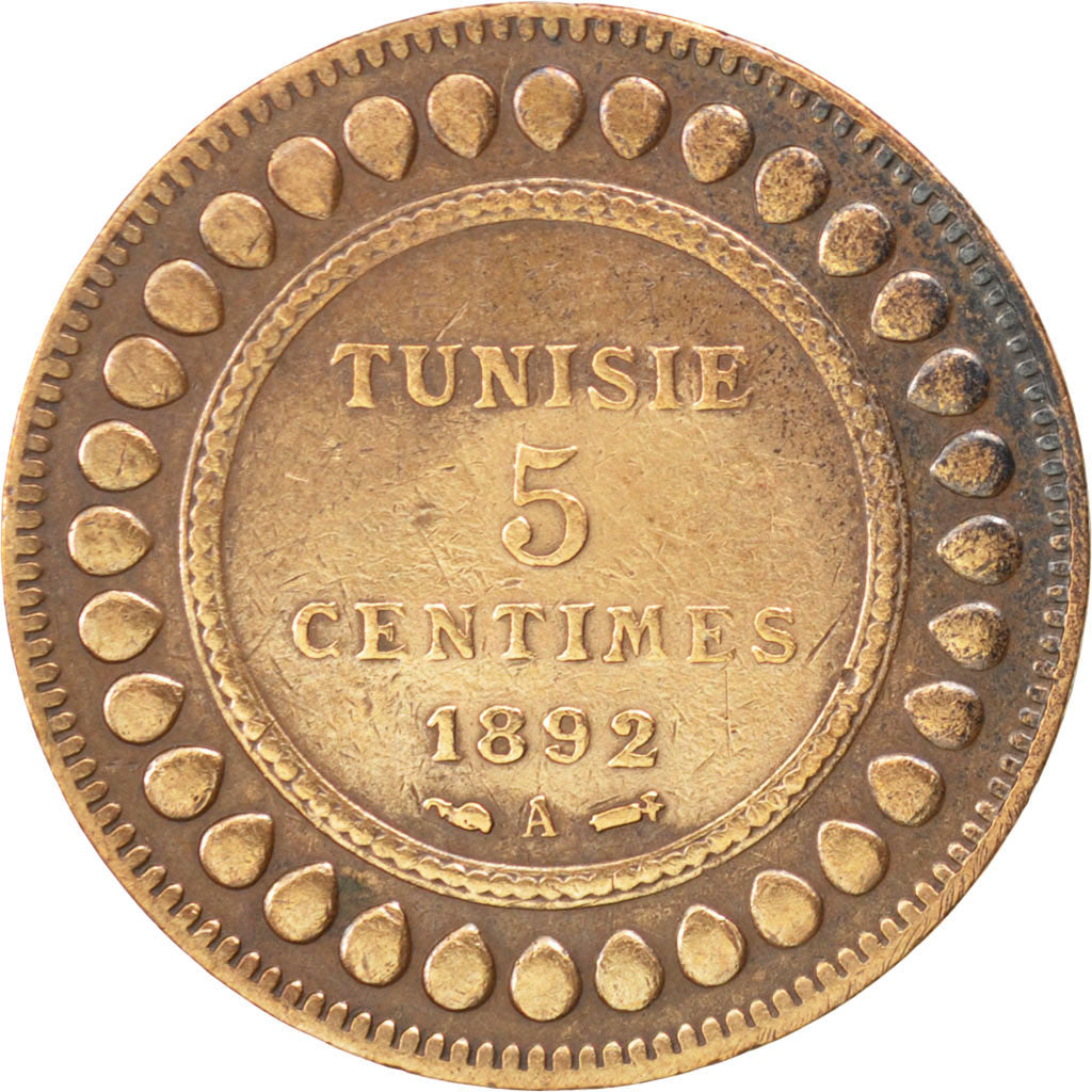 Coin, Tunisia, Ali Bey, 5 Centimes, 1892, Paris, EF(40-45), Bronze, KM:221