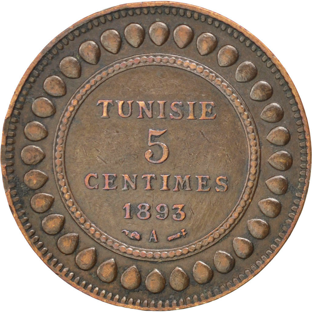 TUNISIA, 5 Centimes, 1893, Paris, KM #221, EF(40-45), Bronze, 4.96