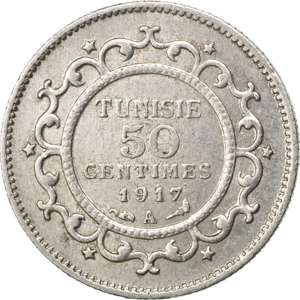 Tunisia, Muhammad al-Nasir Bey, 50 Centimes, 1917, Paris, BB+, Argento, KM:237