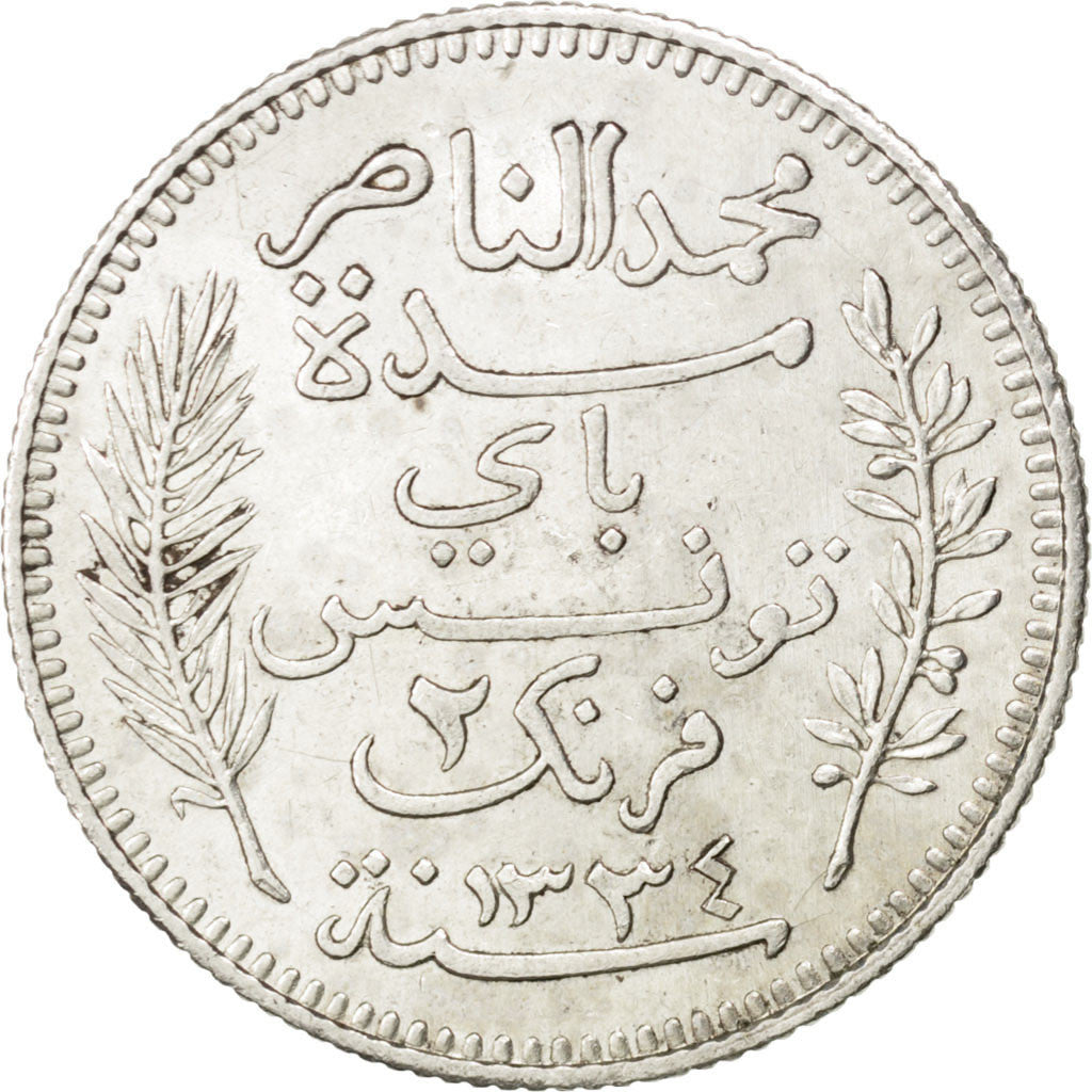 Moneta, Tunisia, Muhammad al-Nasir Bey, 2 Francs, 1915, Paris, SPL-, Argento
