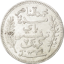 Moneta, Tunisia, Muhammad al-Nasir Bey, 2 Francs, 1915, Paris, SPL-, Argento