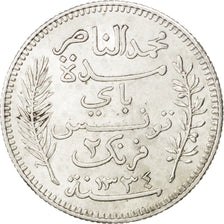 Monnaie, Tunisie, Muhammad al-Nasir Bey, 2 Francs, 1915, Paris, SUP, Argent
