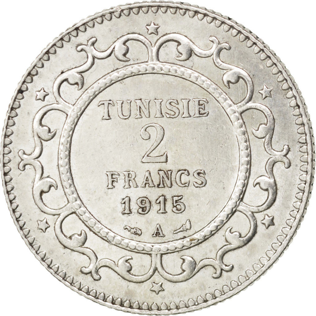 Moneta, Tunisia, Muhammad al-Nasir Bey, 2 Francs, 1915, Paris, SPL-, Argento