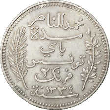 Coin, Tunisia, Muhammad al-Nasir Bey, 2 Francs, 1916, Paris, AU(50-53), Silver