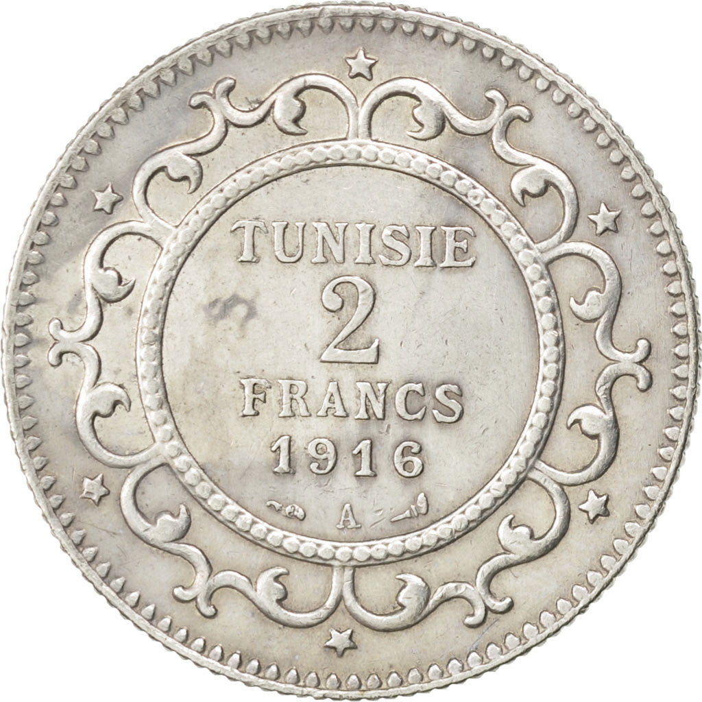 Coin, Tunisia, Muhammad al-Nasir Bey, 2 Francs, 1916, Paris, AU(50-53), Silver