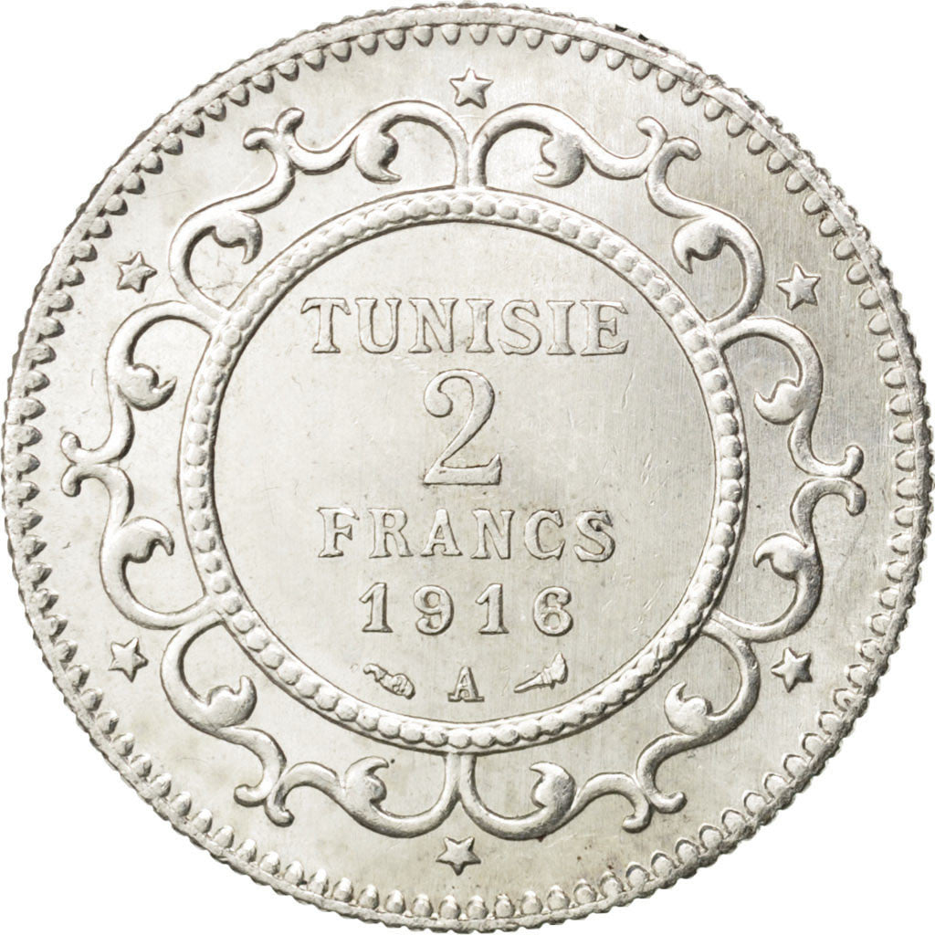 Coin, Tunisia, Muhammad al-Nasir Bey, 2 Francs, 1916, Paris, MS(60-62), Silver