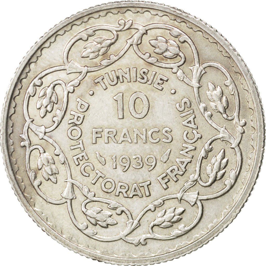 TUNISIA, 10 Francs, 1939, Paris, KM #265, AU(50-53), Silver, 10.00