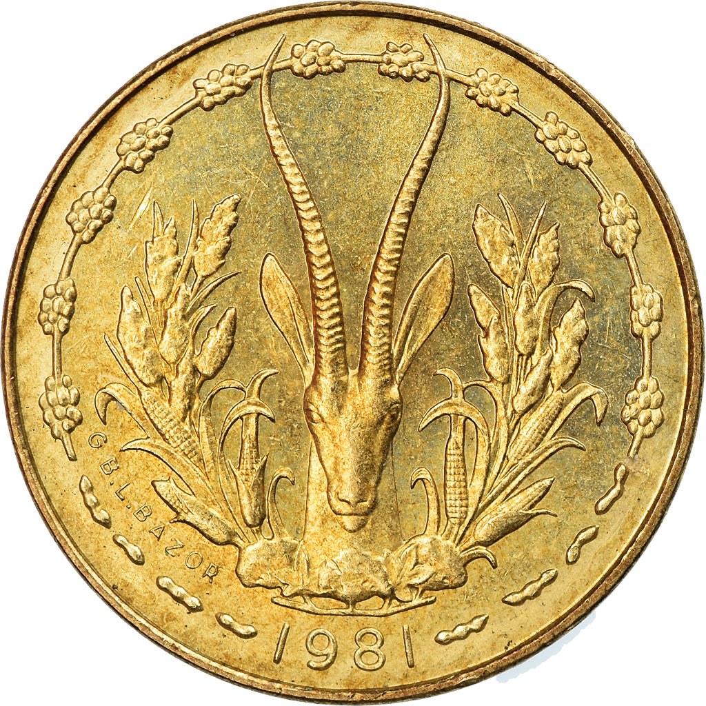 Coin, West African States, 5 Francs, 1981, AU(55-58), Aluminum-Nickel-Bronze