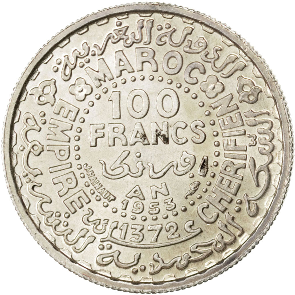 MOROCCO, 100 Francs, 1953, Paris, KM #52, AU(55-58), Silver, 4.00