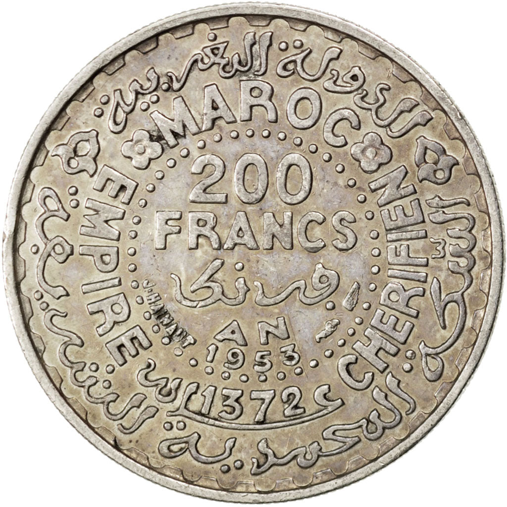 MOROCCO, 200 Francs, 1953, Paris, KM #53, AU(50-53), Silver, 7.93