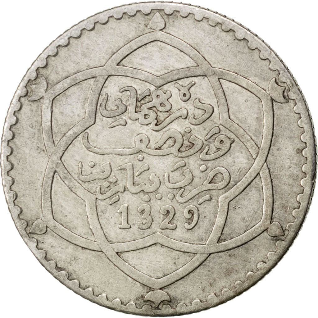 MOROCCO, 1/4 Rial, 2-1/2 Dirhams, 1911, bi-Bariz, KM #23, EF(40-45), Silver,...