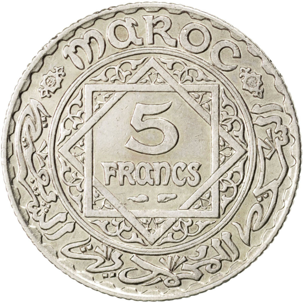 Coin, Morocco, Mohammed V, 5 Francs, 1933, Paris, AU(50-53), Silver, KM:37