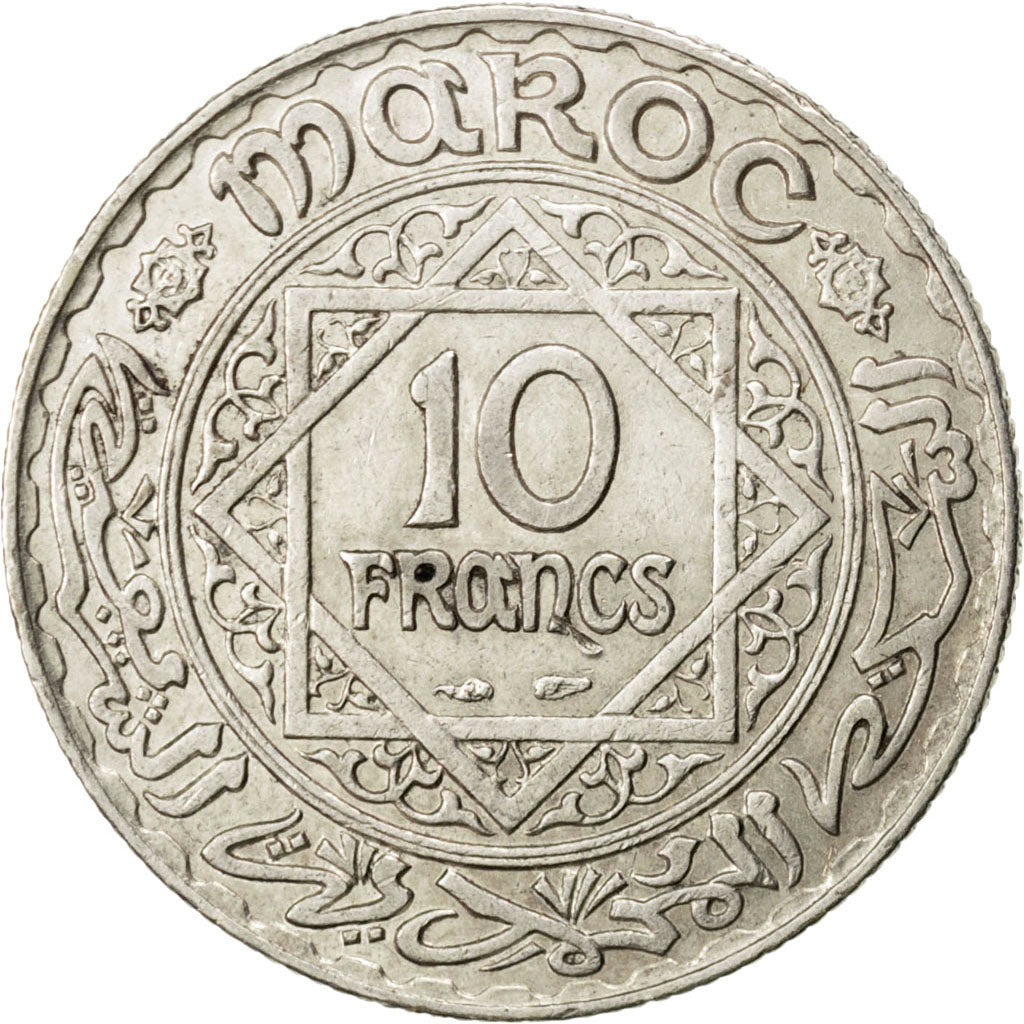 MOROCCO, 10 Francs, 1928, Paris, KM #38, AU(50-53), Silver, 27.7, 9.90