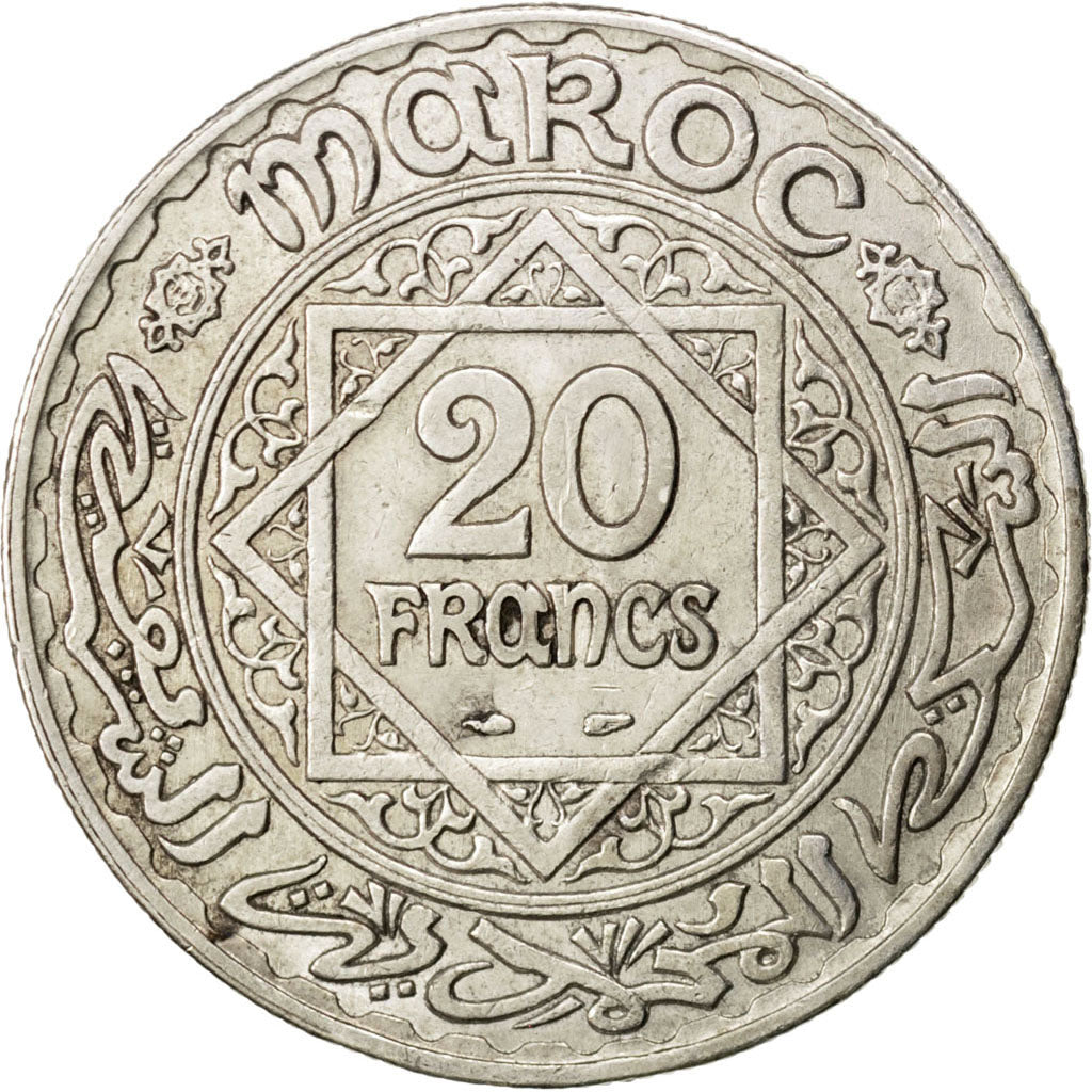 MOROCCO, 20 Francs, 1928, Paris, KM #39, AU(50-53), Silver, 35, 19.86