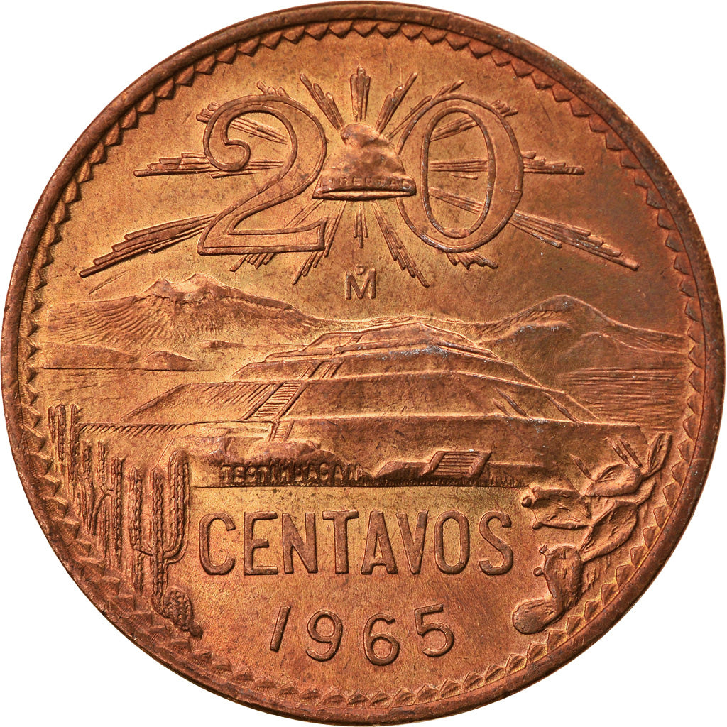 Moneda, México, 20 Centavos, 1965, Mexico City, EBC, Bronce, KM:440
