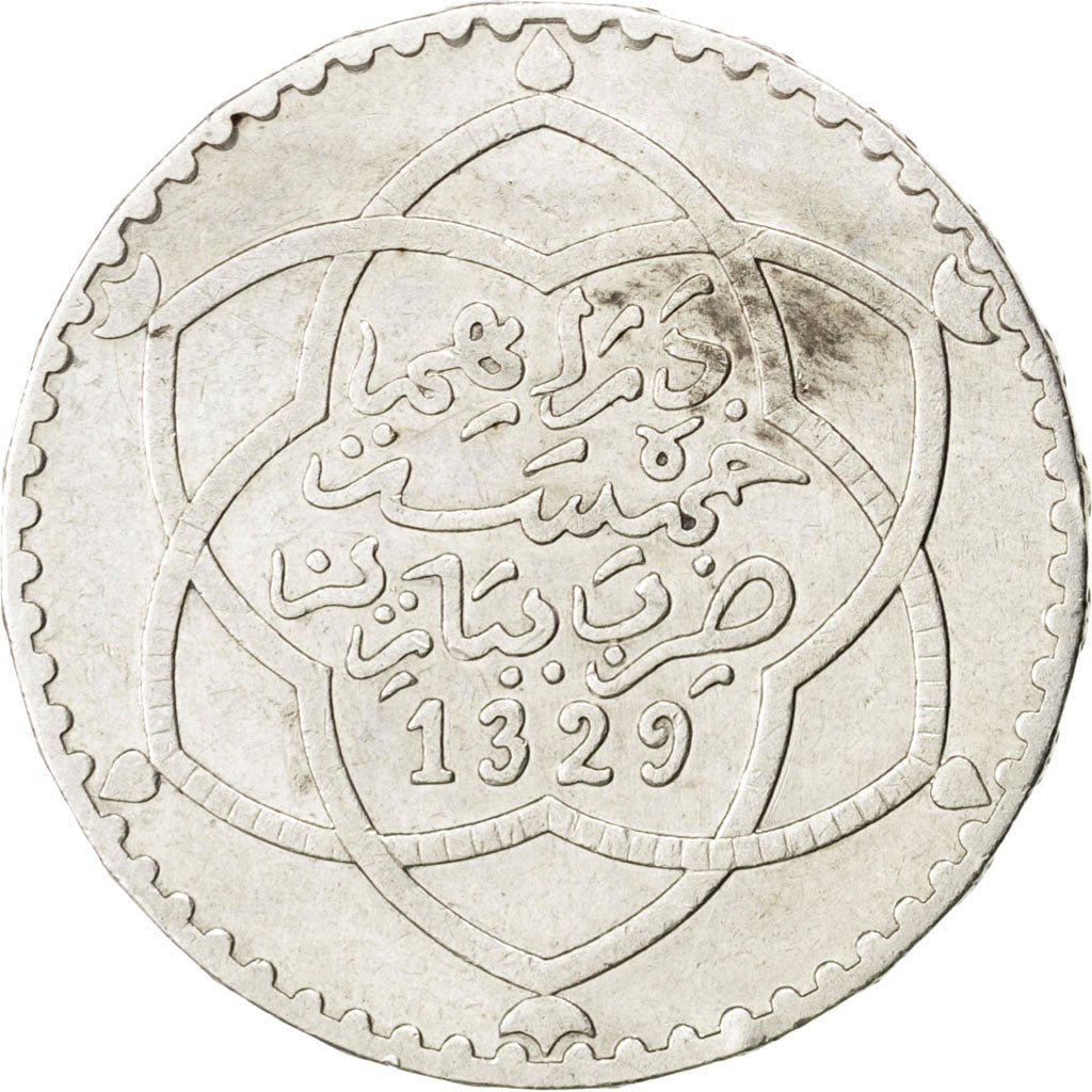 MOROCCO, 1/2 Rial, 5 Dirhams, 1911, bi-Bariz, KM #24, EF(40-45), Silver, 12.30