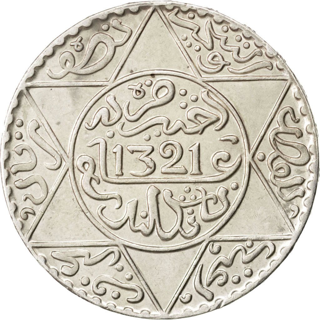 MOROCCO, 1/2 Rial, 5 Dirhams, 1903, KM #21.2, AU(55-58), Silver, 32, 12.45