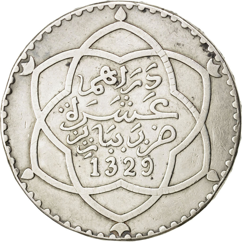 MOROCCO, Rial, 10 Dirhams, 1911, bi-Bariz, KM #25, EF(40-45), Silver, 24.69