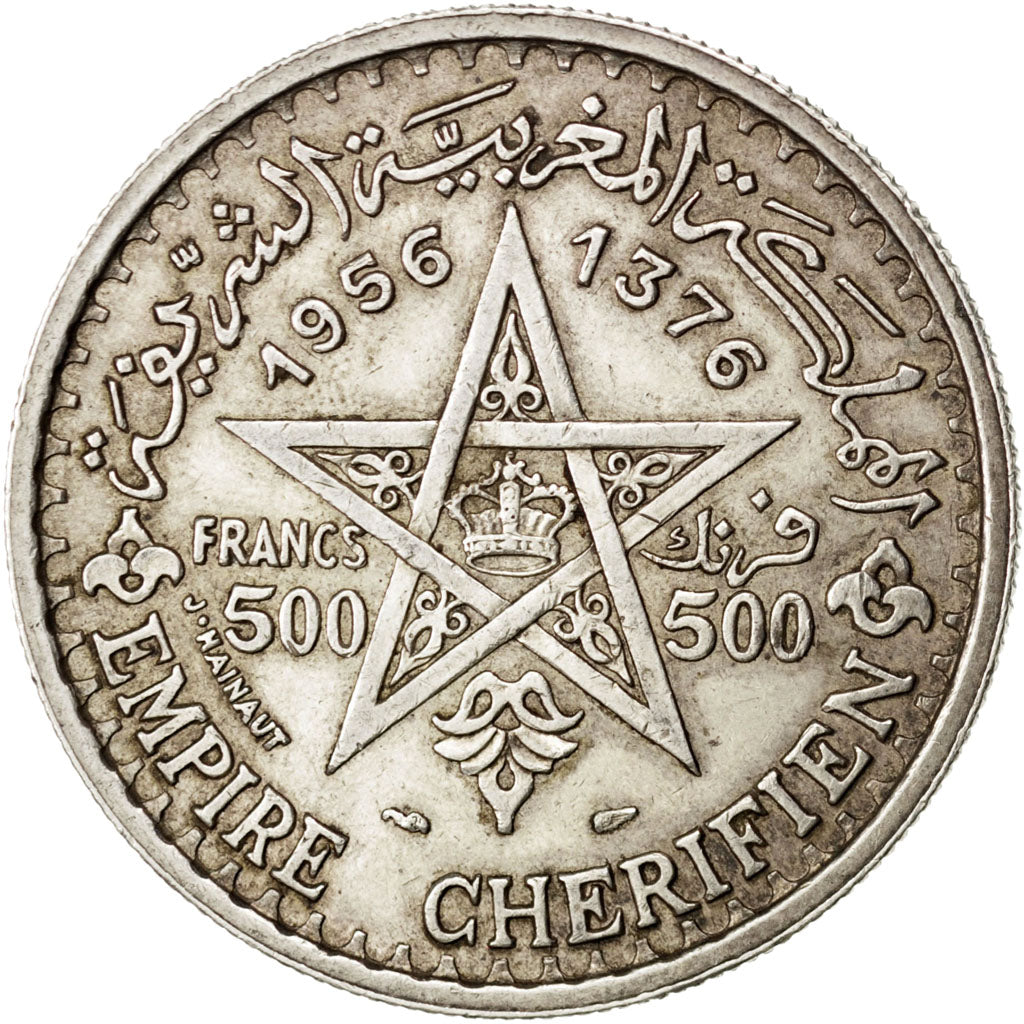 MOROCCO, 500 Francs, 1956, Paris, KM #54, EF(40-45), Silver, 38, 22.52