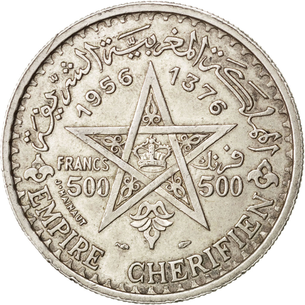 MOROCCO, 500 Francs, 1956, Paris, KM #54, AU(50-53), Silver, 38, 22.52