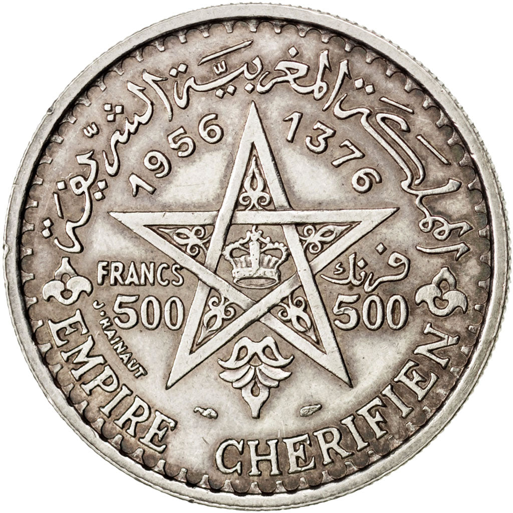 MOROCCO, 500 Francs, 1956, Paris, KM #54, AU(55-58), Silver, 38, 22.53