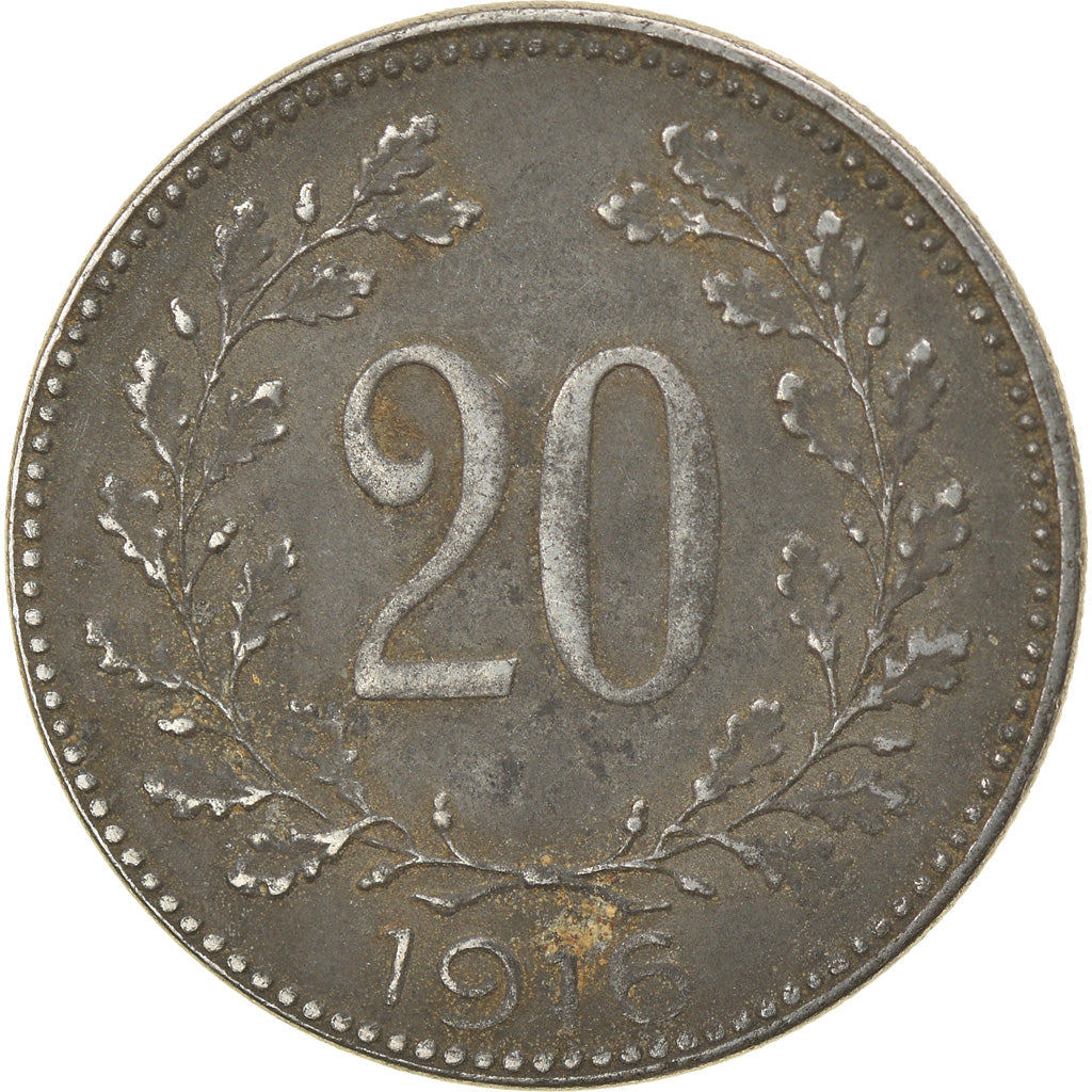 Moneda, Hungría, 20 Fillér, 1916, BC+, Hierro, KM:498