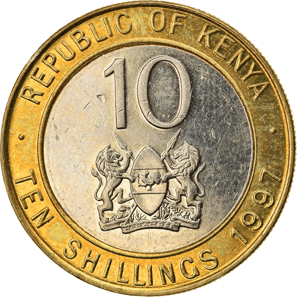 Moeda, Quénia, 10 Shillings, 1997, British Royal Mint, AU(55-58), Bimetálico