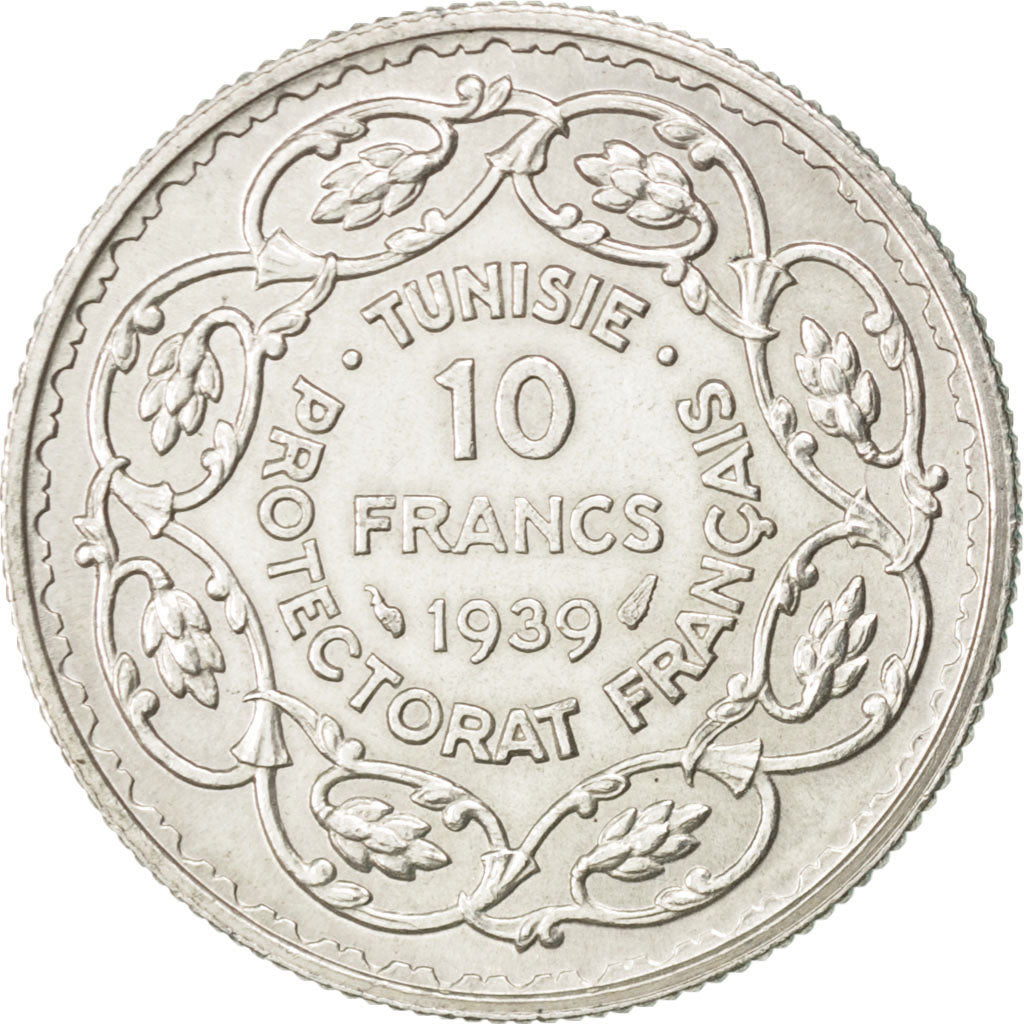 TUNISIA, 10 Francs, 1939, Paris, KM #265, AU(55-58), Silver, 9.96