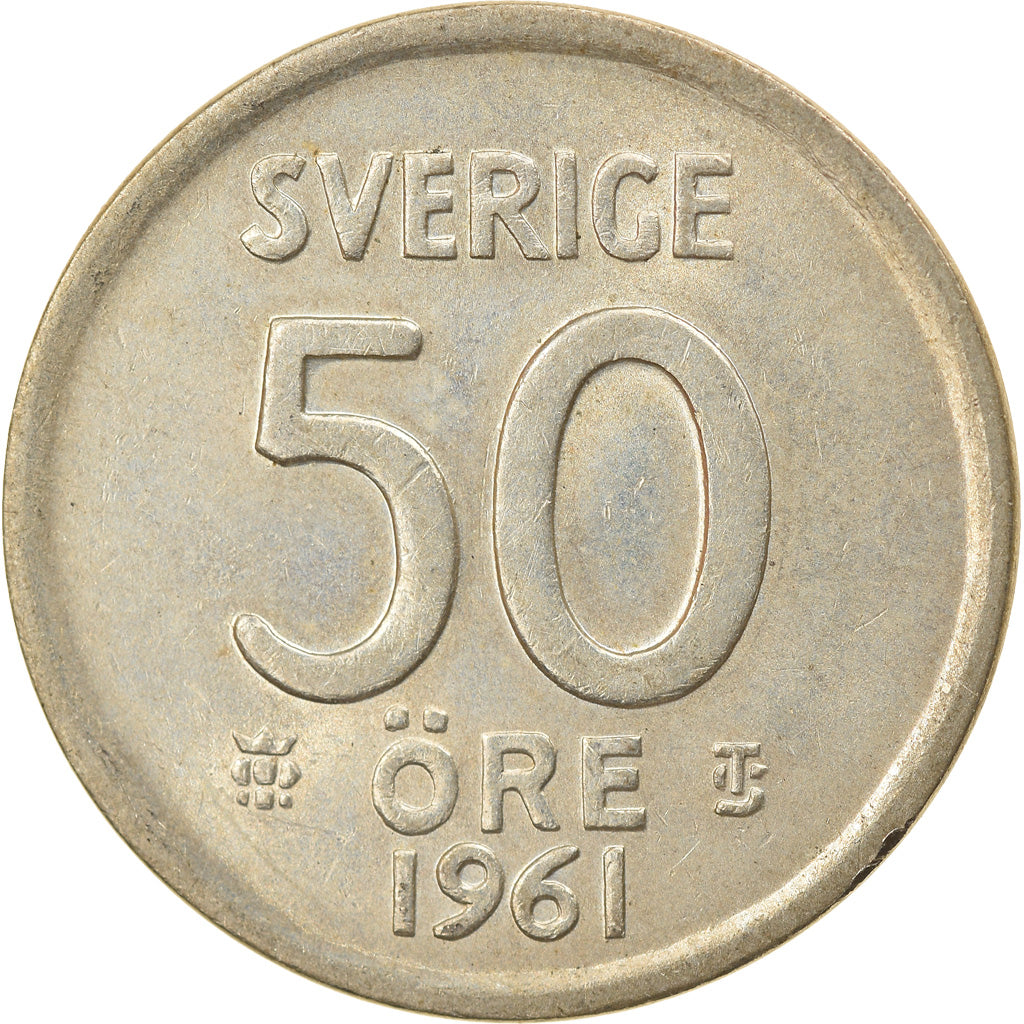Moneta, Szwecja, Gustaf VI, 50 Öre, 1961, EF(40-45), Srebro, KM:825