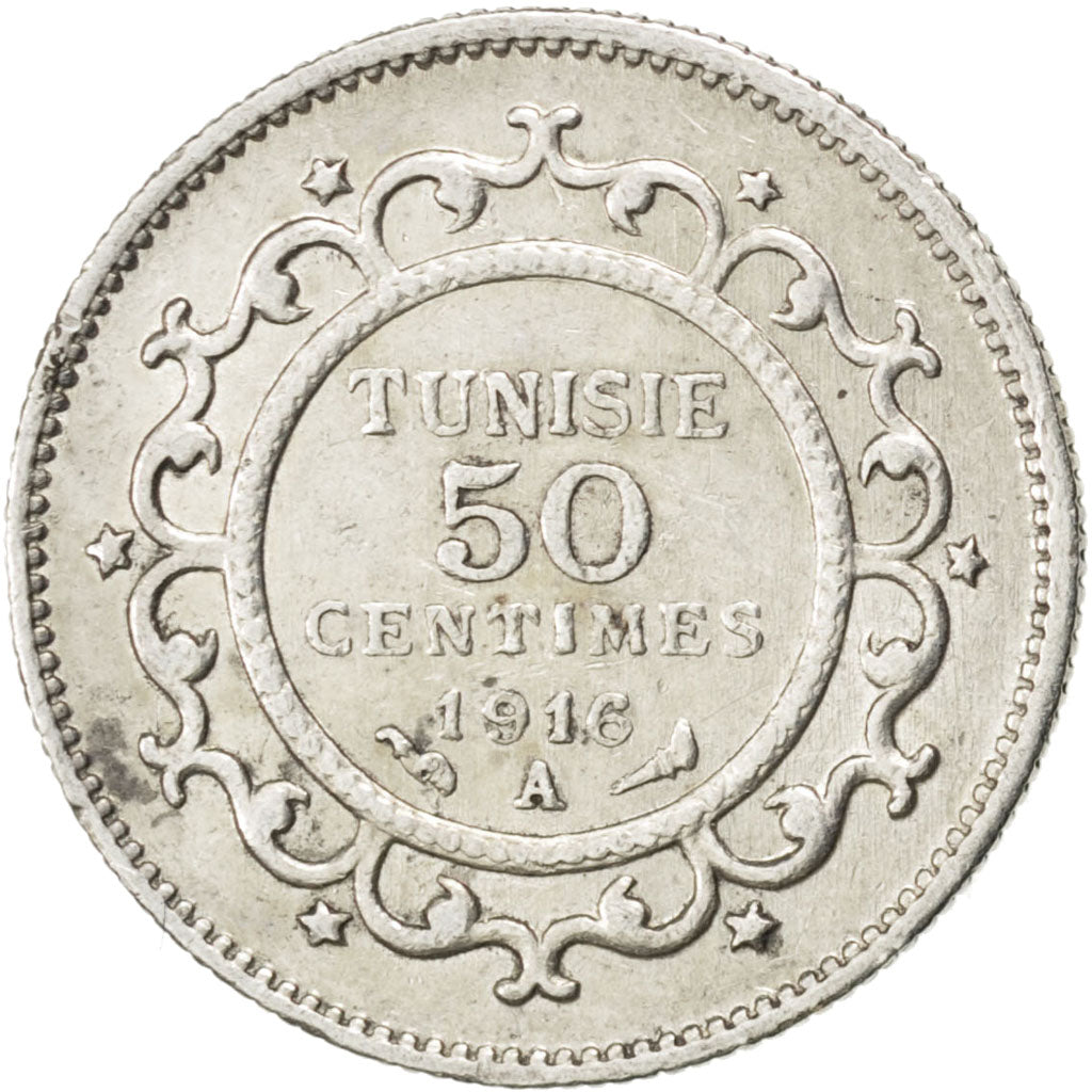 Coin, Tunisia, Muhammad al-Nasir Bey, 50 Centimes, 1916, Paris, EF(40-45)