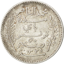 Munten, Tunisië, Muhammad al-Nasir Bey, 50 Centimes, 1915, Paris, ZF+, Zilver