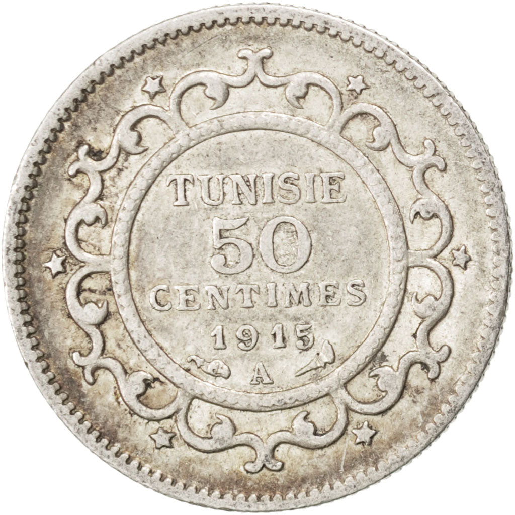 Munten, Tunisië, Muhammad al-Nasir Bey, 50 Centimes, 1915, Paris, ZF+, Zilver