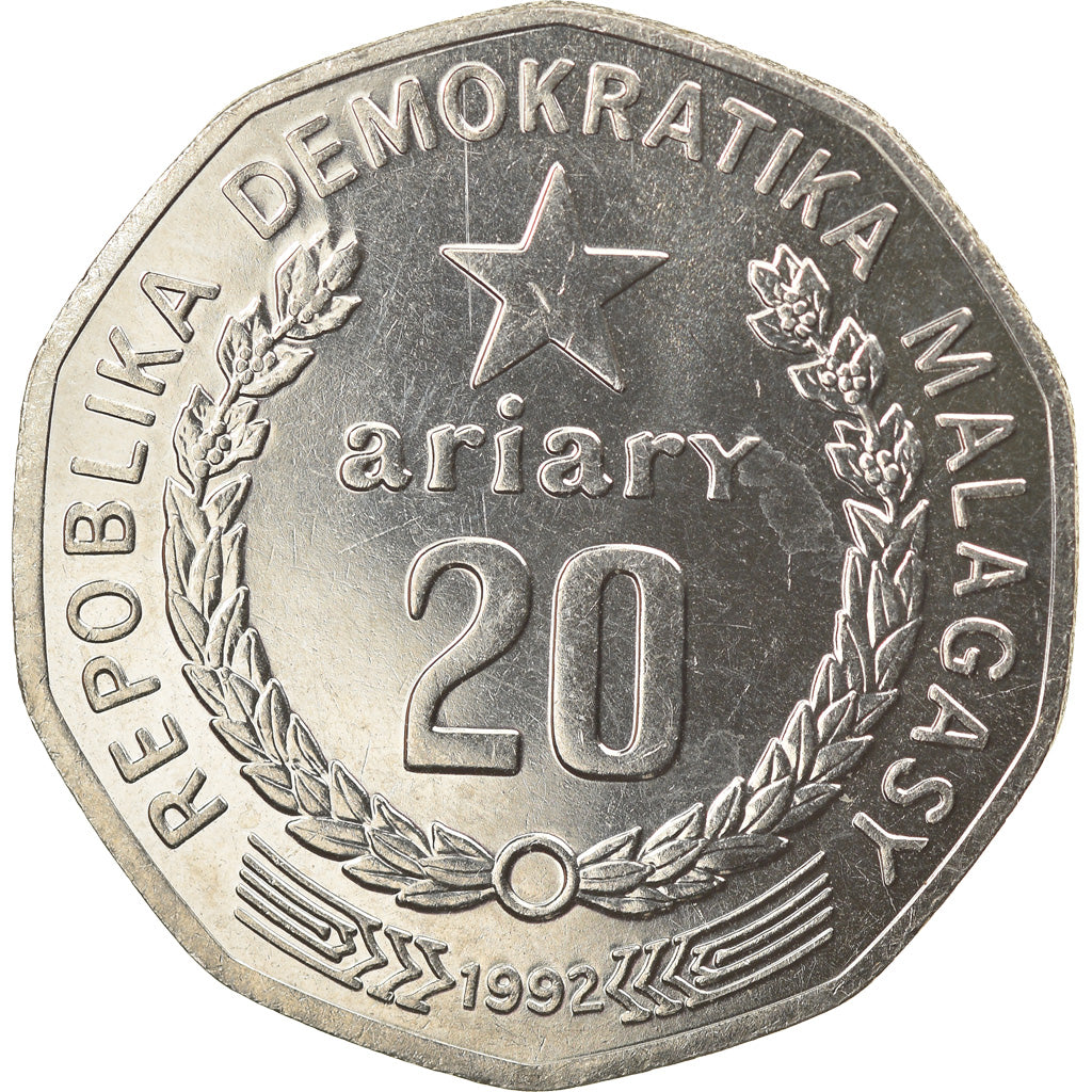 Coin, Madagascar, 20 Ariary, 1992, Royal Canadian Mint, AU(55-58), Stainless
