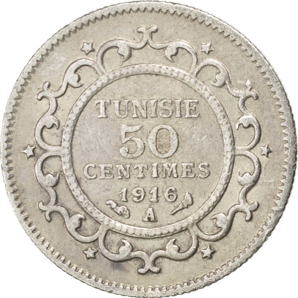 Tunisia, Muhammad al-Nasir Bey, 50 Centimes, 1916, Paris, BB, Argento, KM:237
