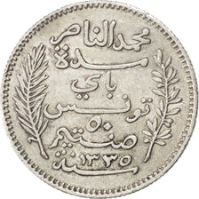 Tunisia, Muhammad al-Nasir Bey, 50 Centimes, 1917, Paris, BB+, Argento, KM:237