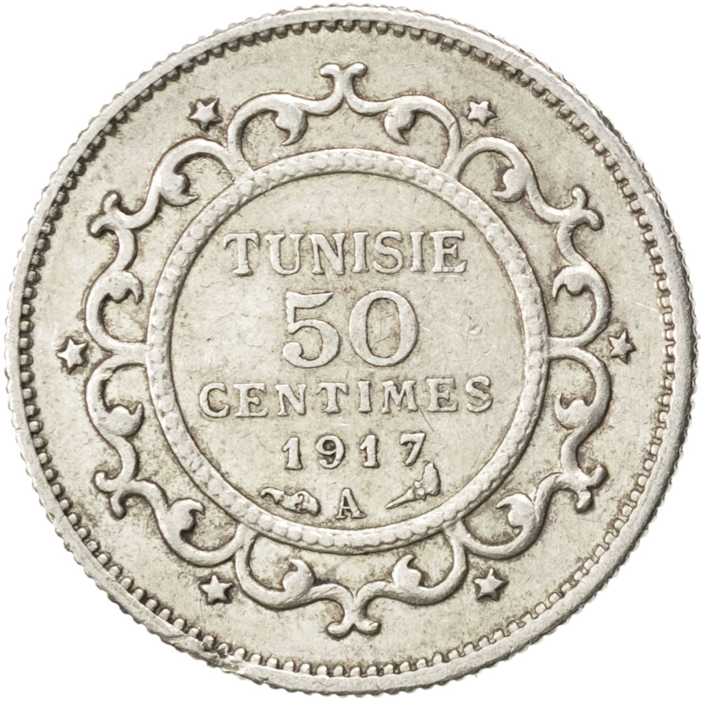 Tunisia, Muhammad al-Nasir Bey, 50 Centimes, 1917, Paris, BB+, Argento, KM:237