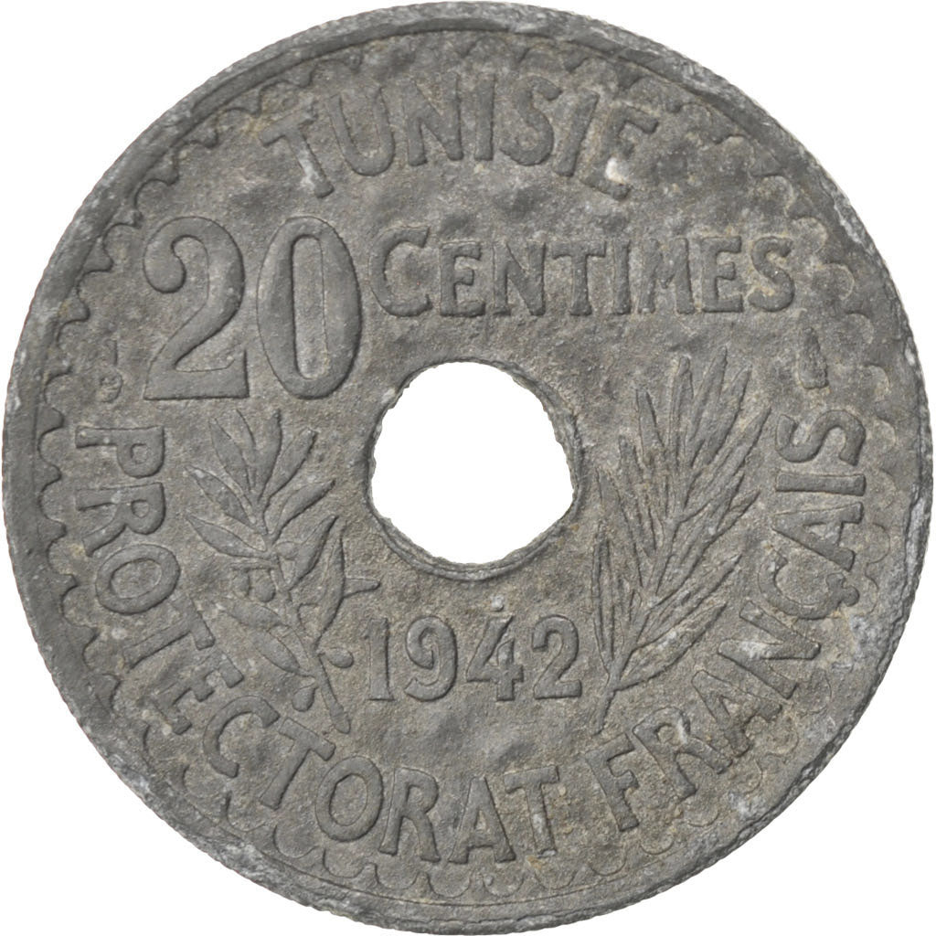 Coin, Tunisia, Ahmad Pasha Bey, 20 Centimes, 1942, Paris, EF(40-45), Zinc