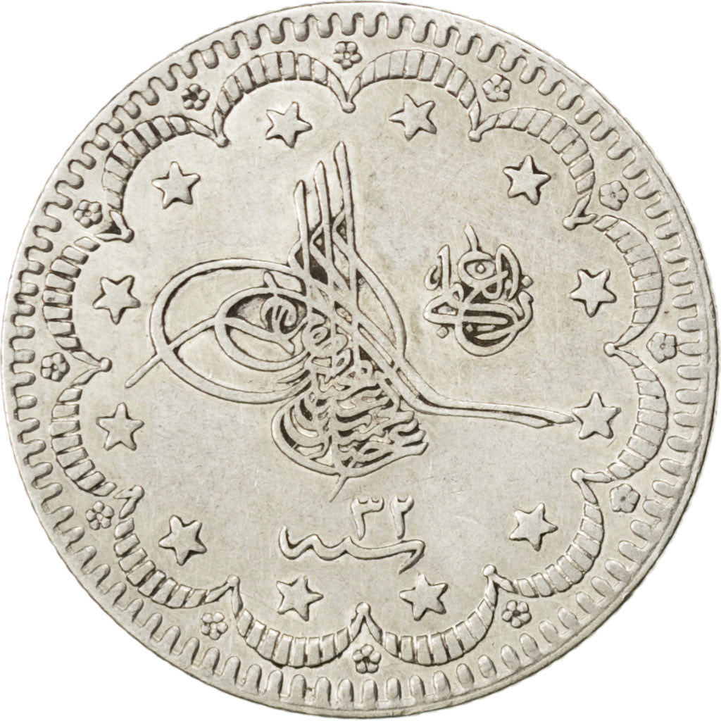 Turchia, Abdul Hamid II, 5 Kurush, 1906, Qustantiniyah, BB+, Argento, KM:737