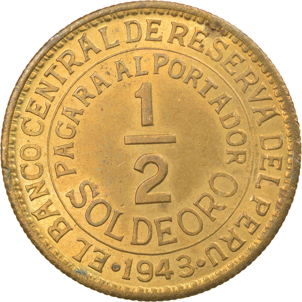 Coin, Peru, 1/2 Sol, 1943, San Francisco, EF(40-45), Brass, KM:220.3