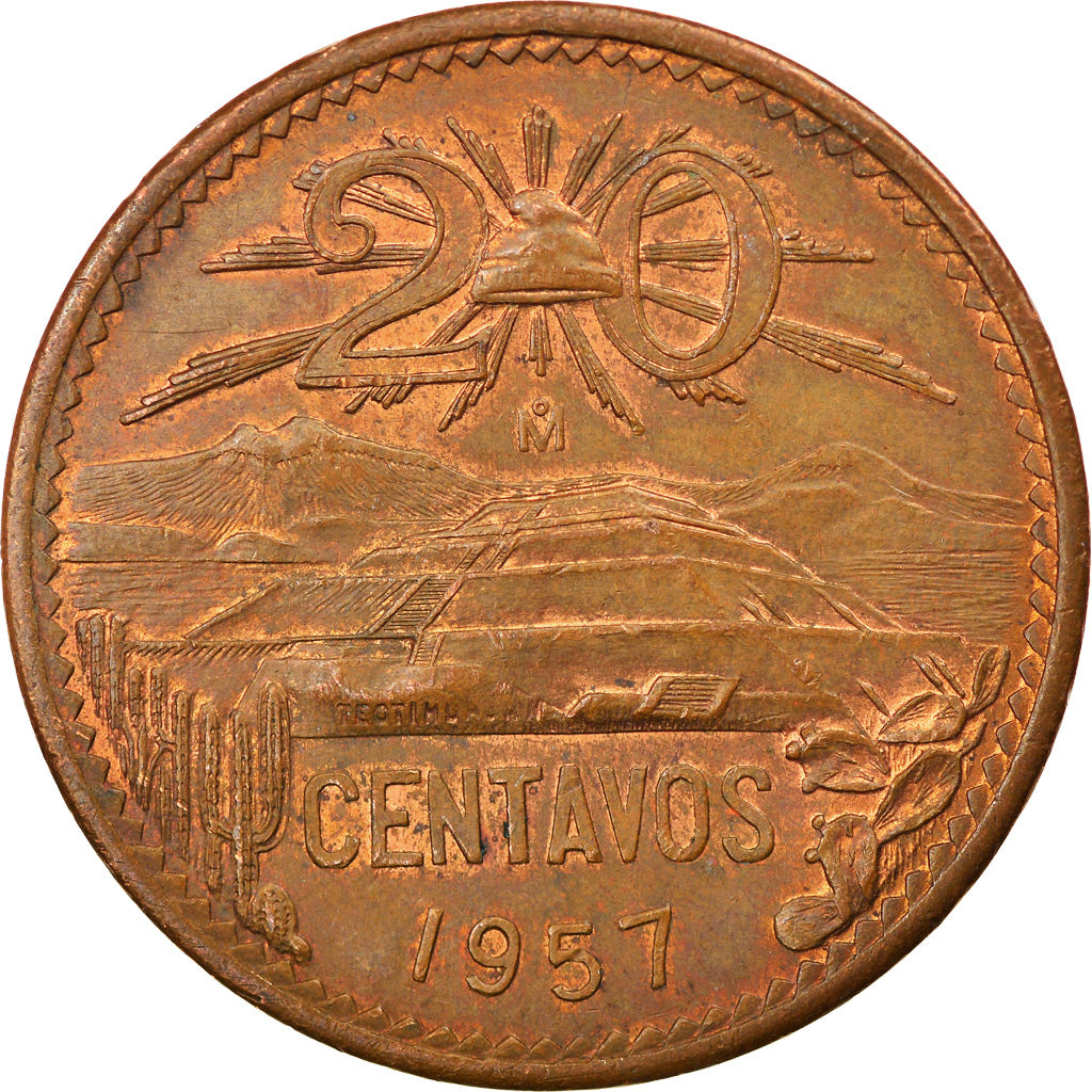 Moneda, México, 20 Centavos, 1957, Mexico City, MBC, Bronce, KM:440