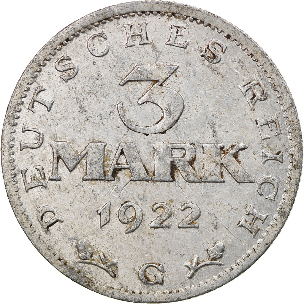 Coin, GERMANY, WEIMAR REPUBLIC, 3 Mark, 1922, Karlsruhe, EF(40-45), Aluminum