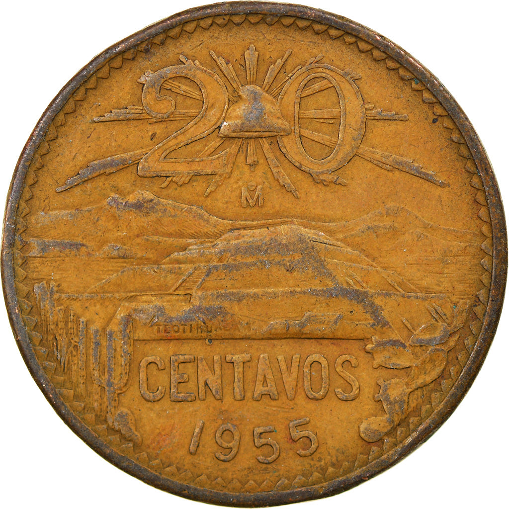 Coin, Mexico, 20 Centavos, 1955, Mexico City, EF(40-45), Bronze, KM:439