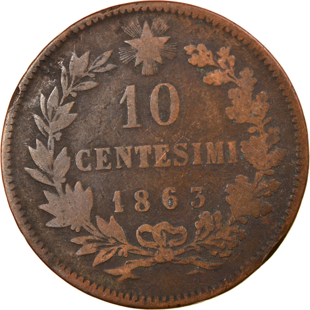 Münze, Italien, Vittorio Emanuele II, 10 Centesimi, 1863, SGE+, Kupfer, KM:11.2