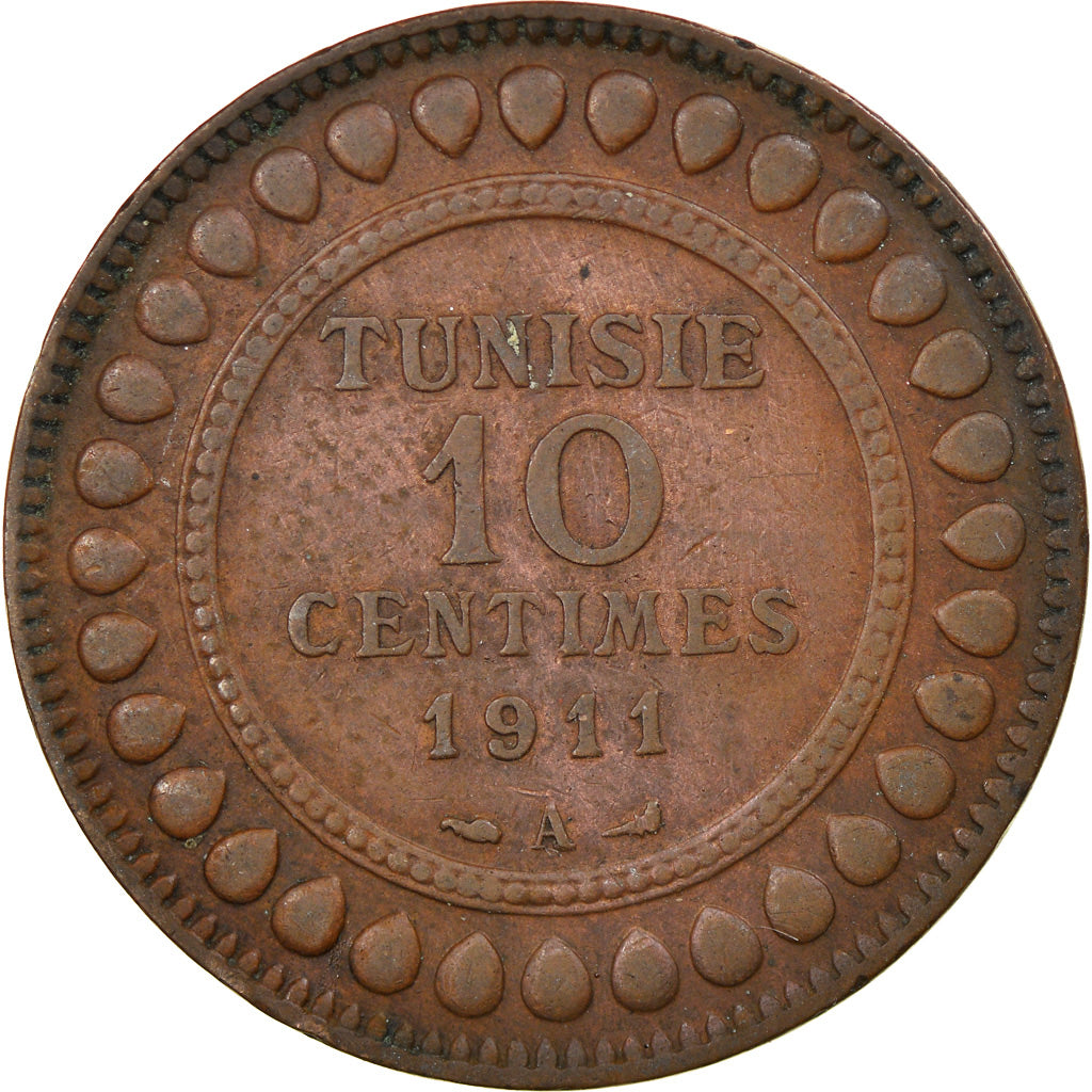 Moneda, Túnez, Muhammad al-Nasir Bey, 10 Centimes, 1911, Paris, MBC, Bronce