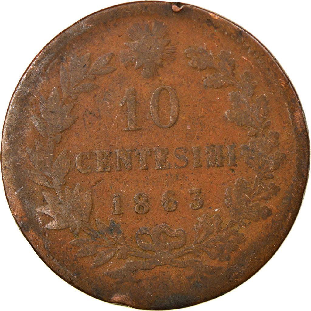 Moeda, Itália, Vittorio Emanuele II, 10 Centesimi, 1863, VG(8-10), Cobre