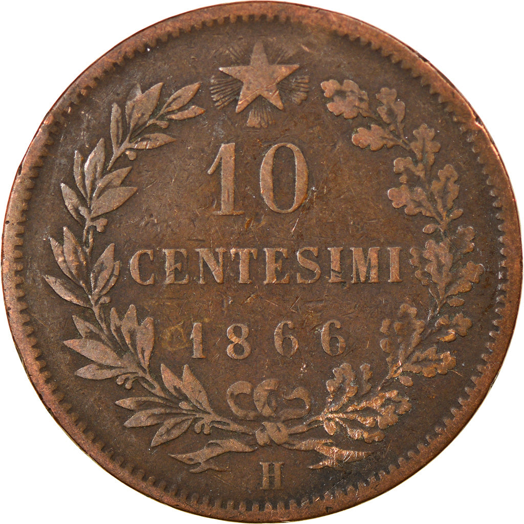 Moeda, Itália, Vittorio Emanuele II, 10 Centesimi, 1866, Birmingham, VG(8-10)